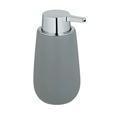 Abbildung von WENKO Seifenspender Mod. Badi, nachfüllbarer Flüssigseifenspender aus hochwertiger Keramik mit Matter Oberfläche, Pumpkopf robustem Kunststoff, Füllmenge 320 ml, 9,5 x 16 8 cm, Grau