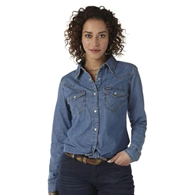 Abbildung von Wrangler Damen Retro Long Sleeve Western Snap Shirt Hemd, Mid Denim, X Groß