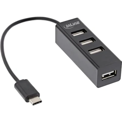 Abbildung von InLine® USB 2.0 4 Port Hub, C Stecker auf 4X A Buchse, Kabel 15cm, schmale Bauform, schwarz