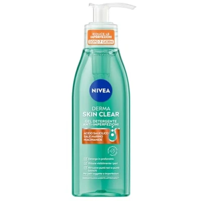 Abbildung von NIVEA Derma Skin Clear Gesichtsreinigungsgel gegen Unvollkommenheiten 150 ml, Gesichtsreiniger fettige und Mischhaut mit Salicylsäure, Meersalz Niacinamid, reinigender