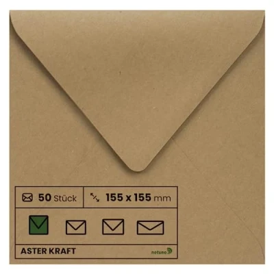 Abbildung von Netuno 50 quadratische Umschläge Kraftpapier 155 x mm 100g Aster Kraft schöne Briefumschläge Vintage quadratisch Einladungs Hochzeit Weihnachten Geburtstag Taufe Brief Kuvert Ökopapier