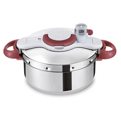 Abbildung von Tefal Clipso Minut&#039; Perfect Schnellkochtopf Induktion 6l, Dampfkochtopf mit Garbkorb und Timer, 37,4 x 28,5 24,6 cm, edelstahl/weiß/rot, P46207