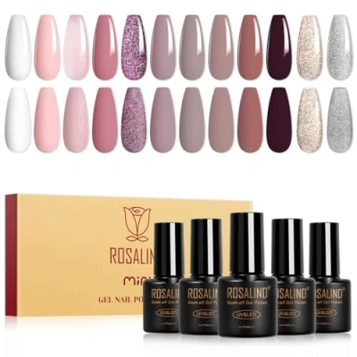 Abbildung von ROSALIND UV Nagellack,12 Farben Weiß Nude Hellrosa Braun Schwarz Glitzer Lila Silber Gel Nagellack Set, Soak Off Mini Farbgel Gelnägel für Nagel Design Nail Polish Maniküre Geschenk