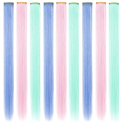Abbildung von Rhyme 9 PCS Clip in Farbigen Haarverlängerungen für Damen Frauen Regenbogen Haarteile Perücke Mehrfarbige Party Hightlight Clips (Hellblau Hellrosa Hellgrün)