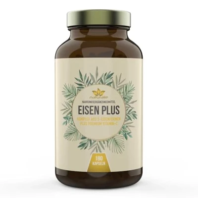 Abbildung von naturalie® Eisen Kapseln 25 mg 4 Fach Komplex aus Eisenbisglycinat + Eisengluconat Curryblattextrakt und premium Vitamin C laborgeprüft 180 im BPA freien Braunglas