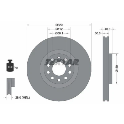 Abbildung von TEXTAR PRO+ 92106705 Bremsscheibe 320 30 05/10 112 außenbelüftet beschichtet hochgekohlt ohne Radbefestigungsbolzen, Radnabe AUDI: A4 B7 Avant
