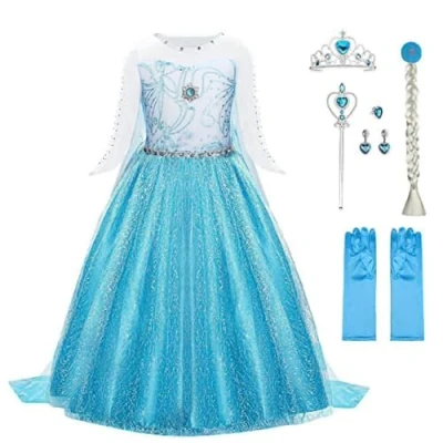 Abbildung von URAQT Mädchen Prinzessin Kostüm, Kinder Kleid 6 teiliges Set mit Krone Diadem Handschuhe Zauberstab usw für Weihnachten Verkleidung Karneval Halloween,130CM