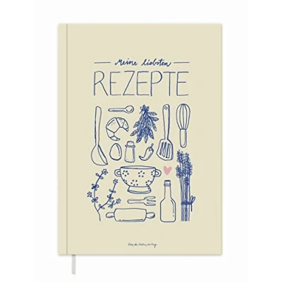 Abbildung von Rezeptbuch A5 zum Selberschreiben Meine liebsten Rezepte DIY Kochbuch, Backbuch schreiben, Gelb Blau Rosa Küchen Design, FSC Papier, Softcover, 14,8 x 21 cm