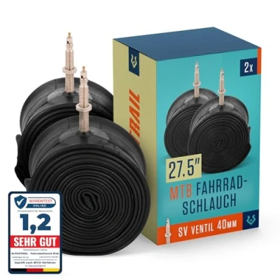 Abbildung von Alphatrail MTB Fahrradschlauch Rick 27.5 Zoll SV Französisches Ventil 2X Set mit Mobilitätsgarantie I Kompatible Fahrradreifen Schwalbe, Continental, Conti, Maxxis, Onza &amp; Michelin Fahrrad Schlauch
