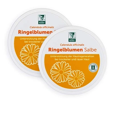 Abbildung von BADERs Ringelblumen Salbe aus der Apotheke. Calendula officinalis mit wertvollen Pflanzenextrakten. Doppelpack 2 x 100 ml
