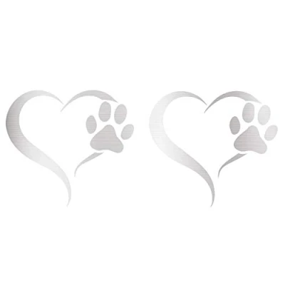 Abbildung von Finest Folia 2er Set Aufkleber Pfote und Herz 10x11cm Hund Katze Sticker für Auto Motorrad Wand Laptop Möbel Pfotensticker Hundepfote selbstklebend (K017 Silber)