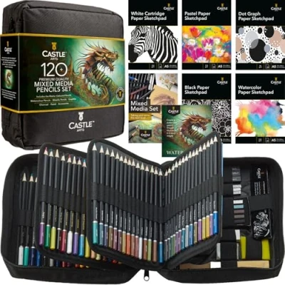 Abbildung von Castle Art Supplies gemischtes Kunstmittel Set 120+ Künstlerstifte Kollektion Buntstifte, Aquarellstifte, Pastellstifte, Metallic Stifte, Grafitstifte, Kohlestifte Im übersichtlichen Reiseetui