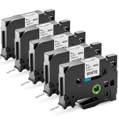 Abbildung von Upwinning kompatibel Brother P touch bänder 9mm TZe 221 TZe221 AZe 221, Ersatz Label Tape Cassette x 8m Schwarz auf Weiß für PTouch H100r H105 900 1000 1005 1010, 5er Pack