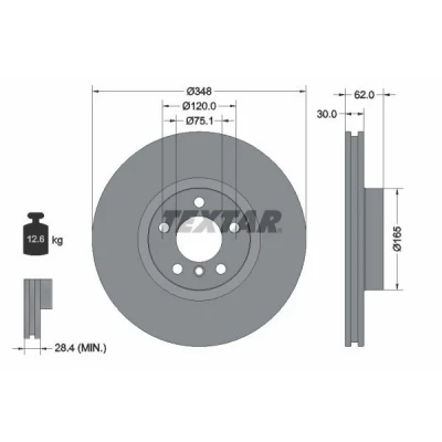 Abbildung von TEXTAR PRO+ 92160905 Bremsscheibe 348 30 05/06 120 innenbelüftet beschichtet hochgekohlt ohne Radbefestigungsbolzen, Radnabe BMW: X5, X6