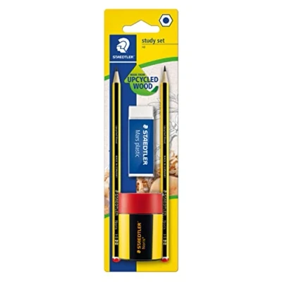 Abbildung von STAEDTLER Study Set mit 2 x Noris 120 Bleistifte Made from Upcycled Wood in Härtegrad HB, 1 Mars Plastic Radierer und Spitzdose, hohe Qualität Germany, 511BKD