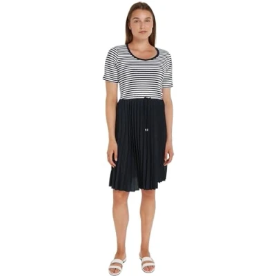 Abbildung von Tommy Hilfiger Damen T Shirt Kleid Rib Pleated Stretch, Mehrfarbig (Mini Stp Desert Sky/ White), L