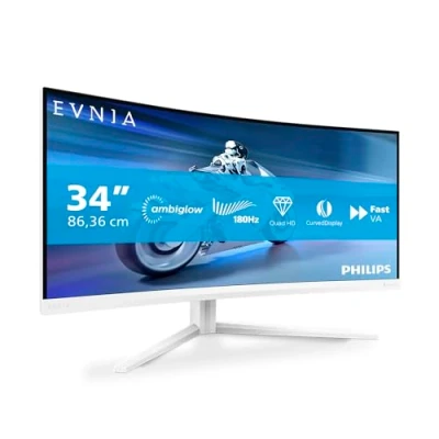 Abbildung von Philips Evnia 34M2C5501A 34 Zoll WQHD Curved Gaming Monitor, 180 Hz, 1 ms, FreeSync Premium, Ambiglow (3440x1440, 2X HDMI 2.0, 1x DisplayPort 1.4, USB Hub) Weiss
