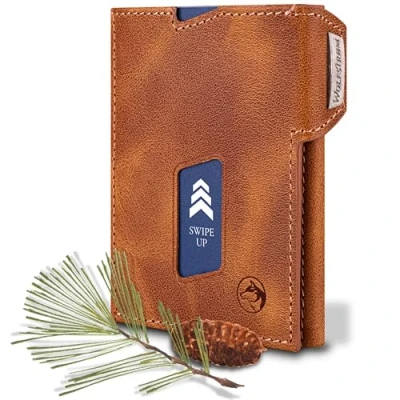 Abbildung von Wolfstrøm Slim Wallet mit Münzfach &#039;Ludvig&#039; I 7+1 Karten Mini Geldbörse Herren klein, RFID Blocker Damen Portemonnaie klein Credit Card Holder Geldbeutel Cognac