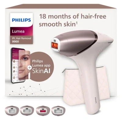 Abbildung von Philips Lumea Series 9900, IPL Haarentfernungsgerät, SenseIQ und SkinAI Technologie, 4 Aufsätze für Körper, Gesicht, Bikinizone Achselhöhlen, kabelgebunden kabellos, Modell BRI951/00 Rosa