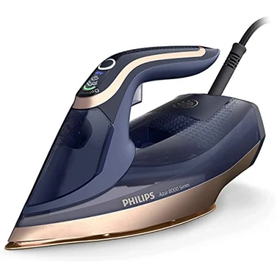 Abbildung von Philips Azur 8000 Serie Dampfbügeleisen 85 g/min Dauerdampf, 260 g Turbo Dampfstoß, 3000 W, OptimalTEMP Technologie, SteamGlide Elite Bügelsohle, Dunkelblau (DST8050/20)