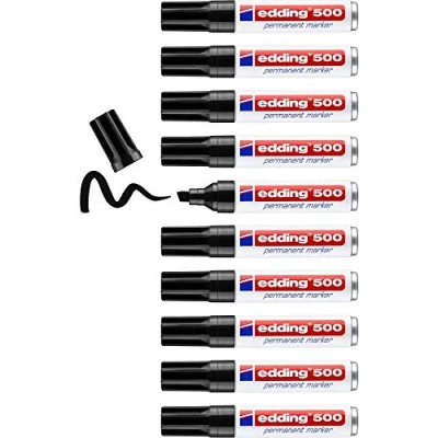 Abbildung von edding 500 Permanentmarker schwarz 10 Stifte Keil Spitze 2 7 mm wasserfest, schnell trocknend wischfest für Karton, Kunststoff, Holz, Metall, Glas