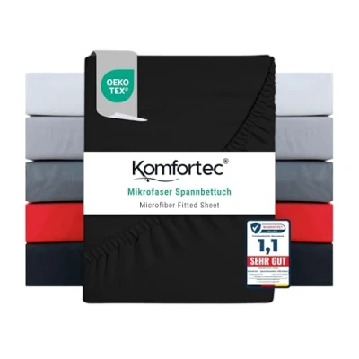 Abbildung von Komfortec Mikrofaser Spannbettlaken 180x200 cm Weiches Spannbetttuch mit Rundumgummi Fitted Sheet für Matratzen bis 30 Schwarz Oeko Tex Pflegeleicht &amp; Hautfreundlich 90g/m²