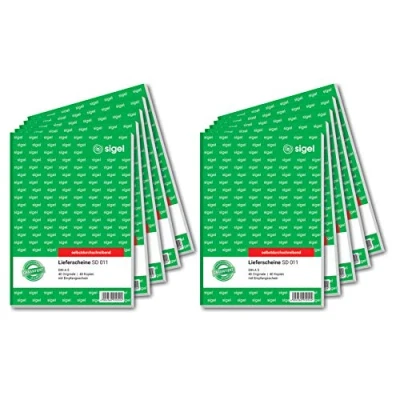 Abbildung von SIGEL SD011/10 Lieferscheine A5, 2x40 Blatt, selbstdurchschreibend, 10er Pack, mikroperforiert, mit Abheftlochung, aus nachhaltigem Papier