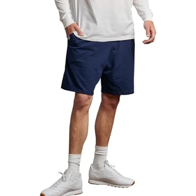 Abbildung von Russell Athletic Herren Shorts aus Baumwolle mit Taschen, lockere Passform, 22,9 cm, Verstellbarer elastischer Bund, Größen S 4X, Marineblau, 4X Groß
