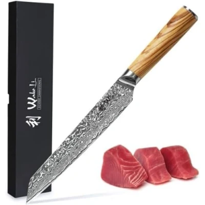 Abbildung von Wakoli Oribu Damast Fleischmesser I 20 cm Klinge AUS 67 Lagen japanischem Damaststahl, 10 Kern, Olivenholzgriff Inklusive Geschenkbox, Scharf und langlebig