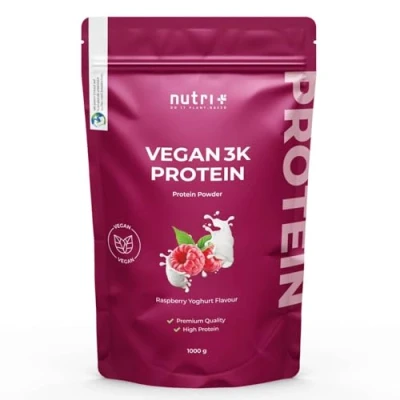 Abbildung von Veganes Eiweißpulver Himbeer Joghurt 1kg 80% Eiweiß 3k Proteinpulver Raspberry Yogurt Protein Pulver 1000g ohne Milch &amp; Lactose Nutri + Vegan