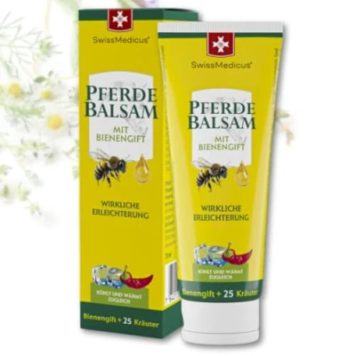 Abbildung von SwissMedicus Pferdebalsam mit Bienengift &amp; 25 Kräuter gleichzeitig kühlen und wärmen zur Massage der Haut im Bereich beanspruchter Rücken Gelenke (75 ml)