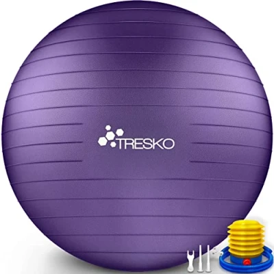 Abbildung von TRESKO Gymnastikball mit GRATIS Übungsposter inkl. Luftpumpe Yogaball BPA Frei Sitzball Büro Anti Burst 300 kg,Lila,75cm (für Körpergröße 175 185cm)
