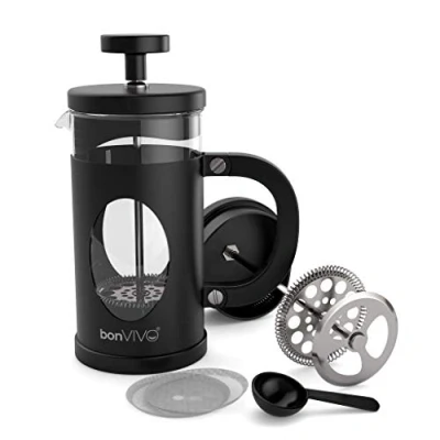 Abbildung von bonVIVO French Press Kaffeebereiter Schwarz 3 Tassen Coffee Maker in Kupfer Optik Kaffekanne aus Glas m. Edelstahl Filter u. Rahmen Kaffee Presse Geschenke für den Haushalt
