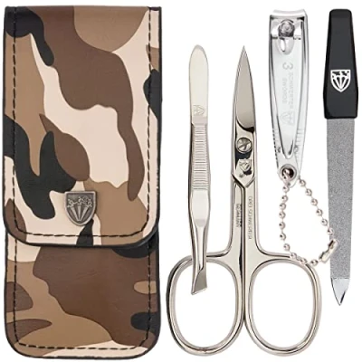 Abbildung von DREI SCHWERTER 4 tlg. Nagelpflegeset &#039;Capri&#039; Hochwertiges Nageletui für Maniküre und Pediküre. Farbe: Kunstleder in Camouflage Inhalt: Nagelschere, Nagelknipser, Pinzette, Saphirnagelfeile