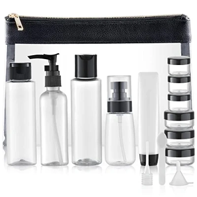 Abbildung von Toureal 15 Stück Leere Reiseflaschen Set (Max.100ml) Leder Reisegrößen Behälter, Reise Flaschen für Kosmetik Flugzeug (Transparent)