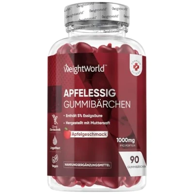 Abbildung von Apfelessig Gummibärchen 1000mg Vitamin C, B12, B6, &amp; B9 Folsäure Immunsystem, Nervensystem, verringert Erschöpfung (EFSA) 90 vegane Gummies mit Apfelgeschmack Apple Cider Vinegar WeightWorld