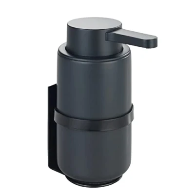 Abbildung von WENKO Wand Seifenspender Mod. Woya, nachfüllbarer Pumpspender aus Keramik für bis zu 250 ml Flüssigseife, Turbo Loc® Befestigung ohne Bohren, 6,8 x 13 cm, Schwarz