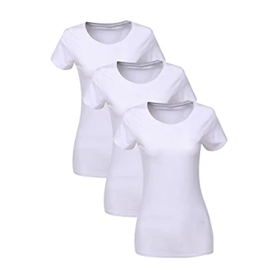 Abbildung von Liking Damen T Shirt Baumwolle Kurzarm Basic Sommer Rundhals Shirts Oberteile Top Bluse 3er Pack Weißes Tshirt Set WH L
