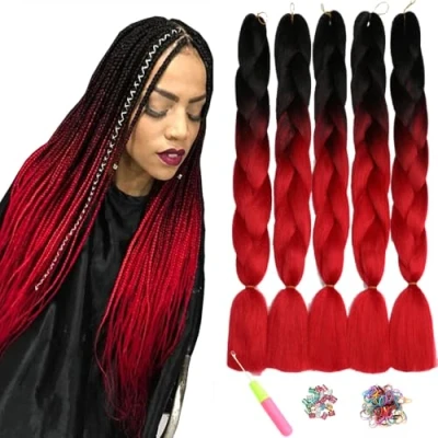 Abbildung von ShowJarlly Jumbo Braid Kunsthaar Haar, Ombre Extension, 24 Zoll Kanekalon Haar Flechten Extensions 5 Stücke Für Crochet Twist Box Zum Einflechten Zöpfe Schwarz/Dunkelgrau#