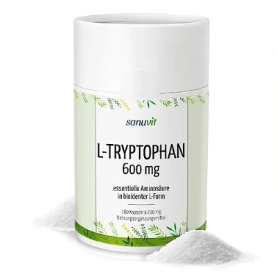 Abbildung von Sanuvit® L Tryptophan 600 mg pro Kapsel Hochdosiert Aminosäure Hohe Bioverfügbarkeit und Verträglichkeit Vegan Hergestellt in Österreich 180 Kapseln