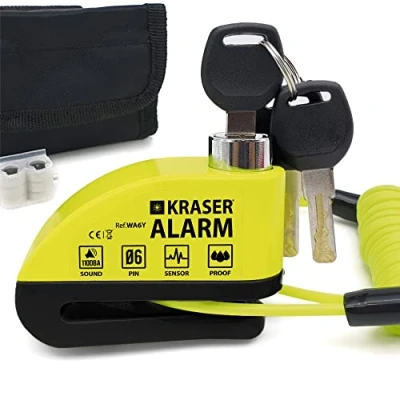 Abbildung von KRASER WA6Y Bremsscheibenschloss mit Alarm 110dB, Verstärkt, Wasserdicht, Erinnerungskabel Transporttasche Zubehör, Motorradschloss Universal Vespa E Bike, Motorrad Schloss, Fahrradschloss