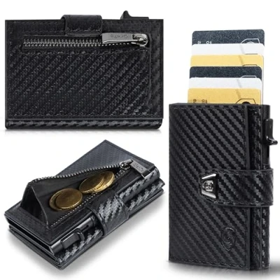 Abbildung von GenTo Slim Wallet mit Münzfach Geldbeutel Herren für 10 Karten Geldbörse RFID Schutz Smart kleines dünnes Kartenetui Portemonnaie (Carbon, Mini Münzfach)