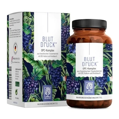 Abbildung von NATURTREU® Blutdruck OPC Traubenkernextrakt hochdosiert 900mg Extrakt mit Q10, Kalium &amp; schwarzem Knoblauch Französische Trauben vegan 90 Kapseln