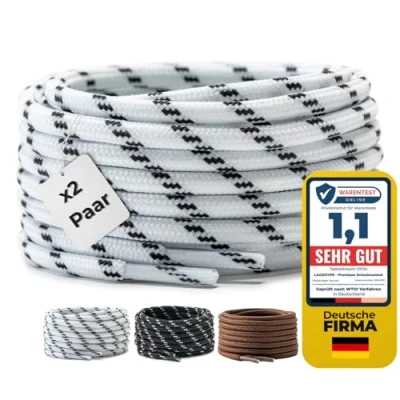 Abbildung von LaceHype 2 Paar Premium Runde Schnürsenkel [ Ø4,5 mm ] Polyester für Arbeitsschuhe, Stiefel, Outdoorschuhe und Sportschuhe reißfeste Schuhbänder (Weiß/Schwarz, 150cm)