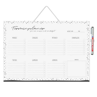 Abbildung von Terminplaner Dots zum Aufhängen I DIN A3 29,7 x 42 cm Whiteboard schwarz weiß gepunktet Wochenplaner Aufgabenplaner Wochentage abwischbar wiederbeschreibbar dv_1274