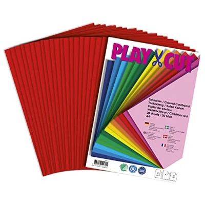 Abbildung von PLAY CUT Tonkarton A4 Weihnachtsrot (220g/m2) 20 Bogen Din Bastelkarton Bunt Dickes Bedruckbares Kartonpapier Premium Druckerpapier Dicke Stärke Karton zum Basteln