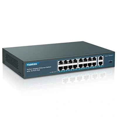 Abbildung von YuanLey 18 Port Gigabit PoE Switch, 16 PoE+ 1000 Mbps, 2 Uplink, 250W 802.3af/at, Metal Desktop/Rackmount, Nicht verwalteter Plug and Play Netzwerk Switch