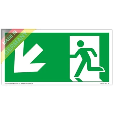 Abbildung von Schild Notausgang extra langnachleuchtend PVC selbstklebend 297x148mm gemäß ASR A1.3 DIN 7010 67510 Notausgangsschild Links schräg abwärts Fluchtweg Rettungsweg Dreifke® 160
