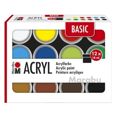 Abbildung von Marabu Acrylfarben Set BASIC, 12 x 18 ml seidenmatte Farben, leicht vermalbar, schnell trocknend, lichtecht, wetterfest, für viele Maltechniken und Untergründe, 1210000000214