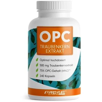 Abbildung von OPC Traubenkernextrakt 240 Kapseln mit 75% reinem O.P.C. je Kapsel laborgeprüft (HPLC Methode) Zertifikat: Echte Gehalt 500 mg 100% vegan